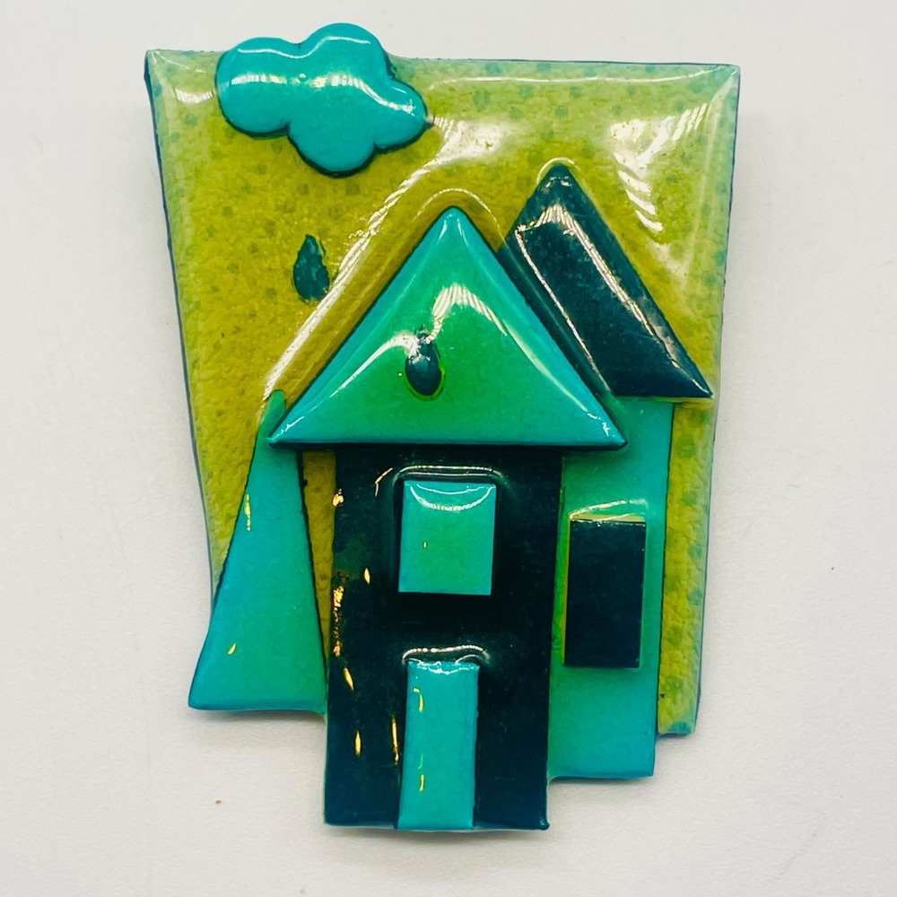 Lucinda‎ House Pins Brooch Teal Green Resin Whimsical Folk Art Jewelry